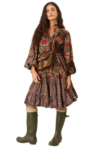Vestido Curto Amplo Com Veludo E Pompons Marrom Patchwork Yacamim E5