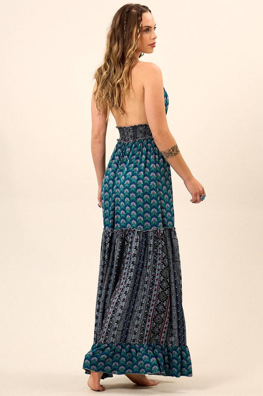 Yacamim D20 Dark Blue Patchwork Long Dress with Halter Neckline and Shirring