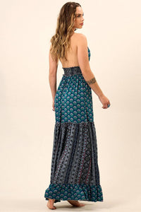 Yacamim D20 Dark Blue Patchwork Long Dress with Halter Neckline and Shirring