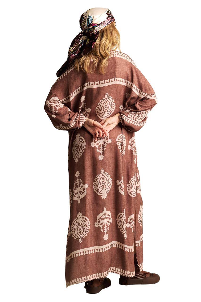Yacamim Printed Brown 3/8 Sleeve Long Shirt