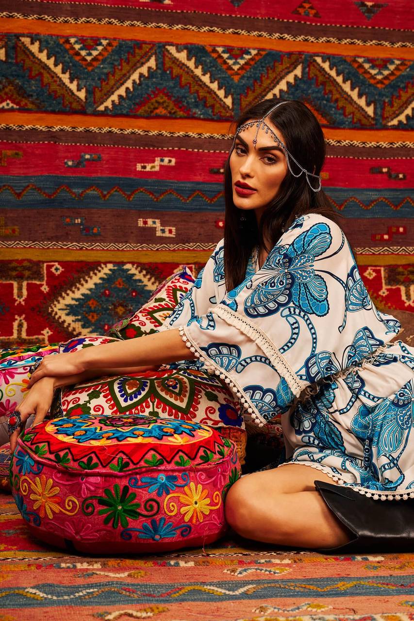 Yacamim White Butterfly Print Mullet Dress with Shirred Waist
