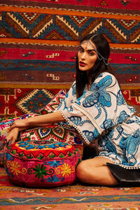 Yacamim White Butterfly Print Mullet Dress with Shirred Waist