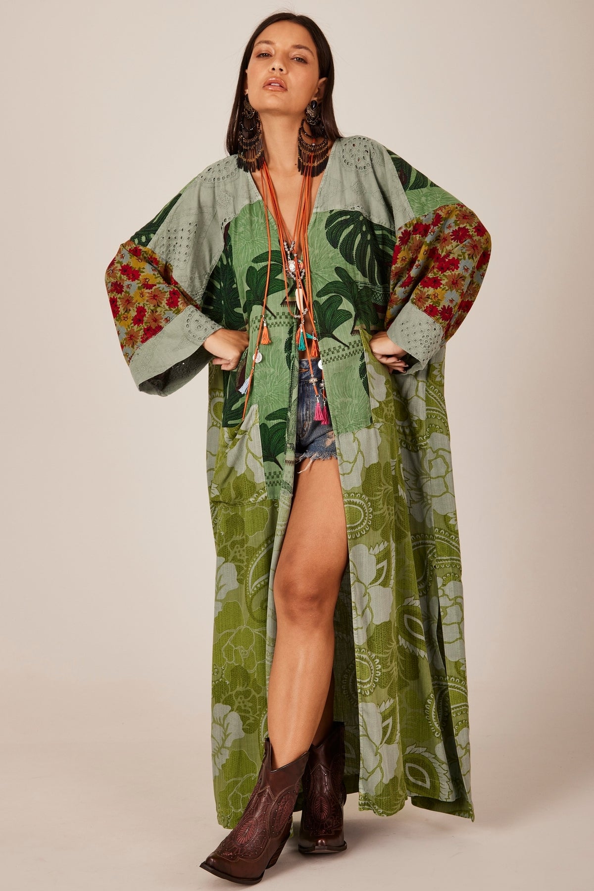 Green Broderie Patchwork Long Kimono Yacamim J2