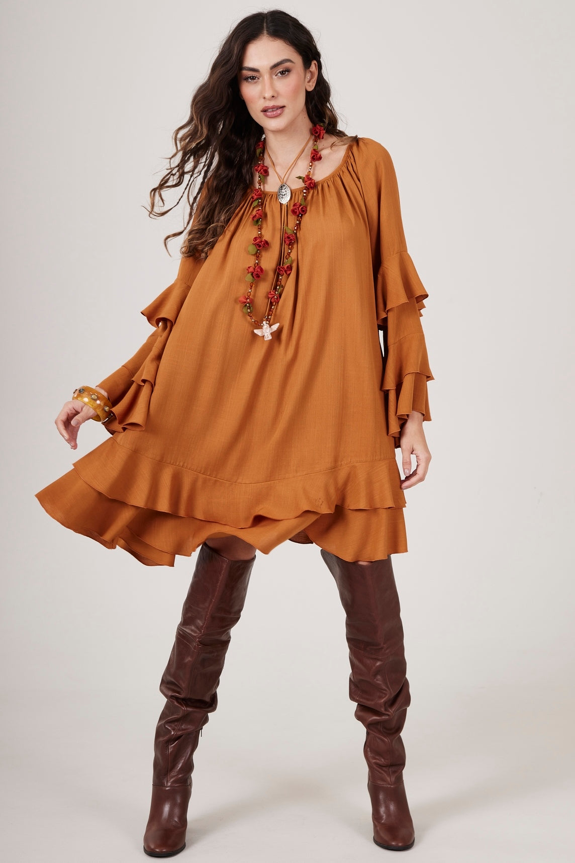 Yacamim D12 Plain Caramel Off-the-Shoulder Mini Dress