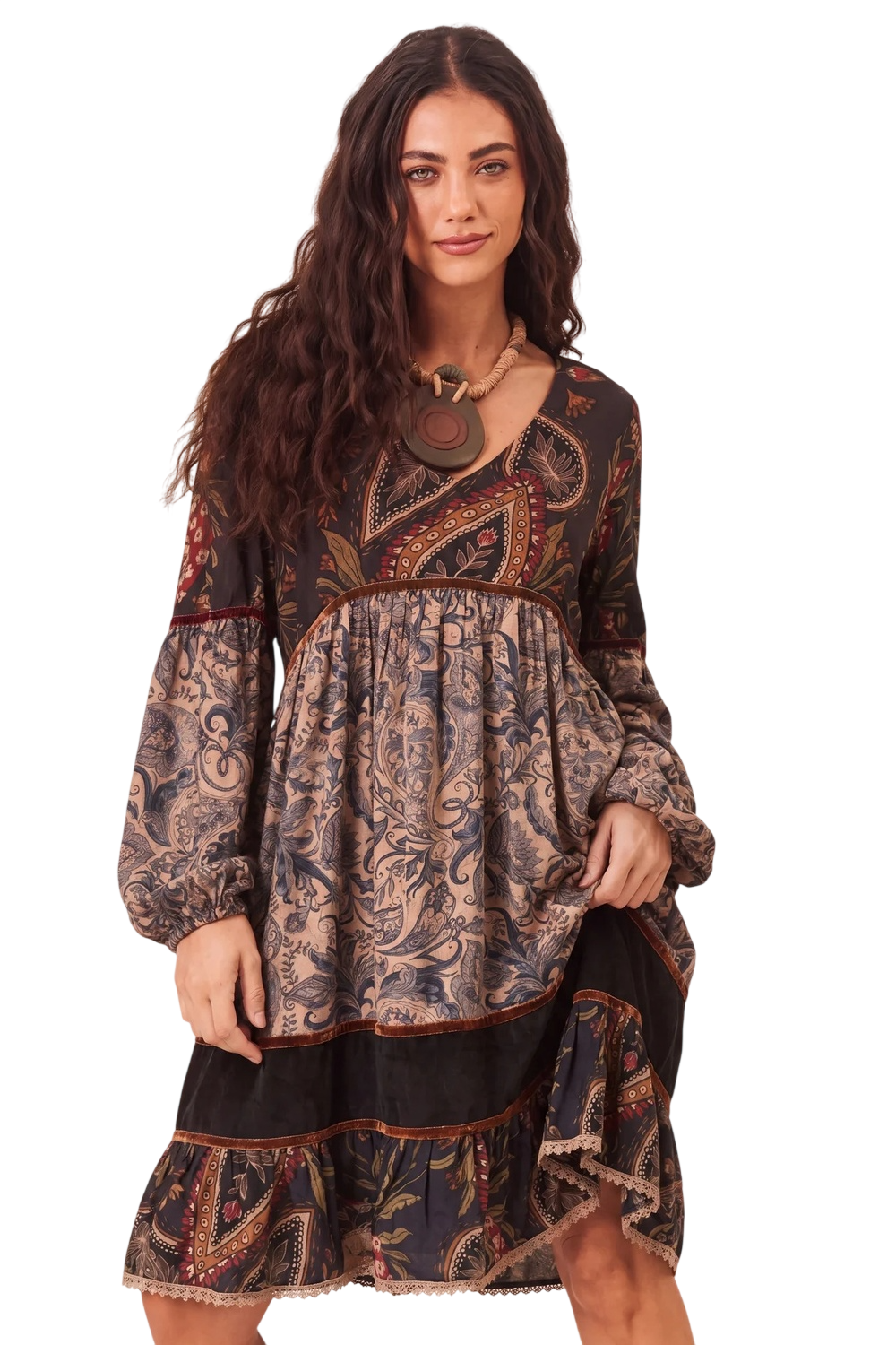 Vestido Curto Amplo Com Veludo Marrom Patchwork Yacamim C4