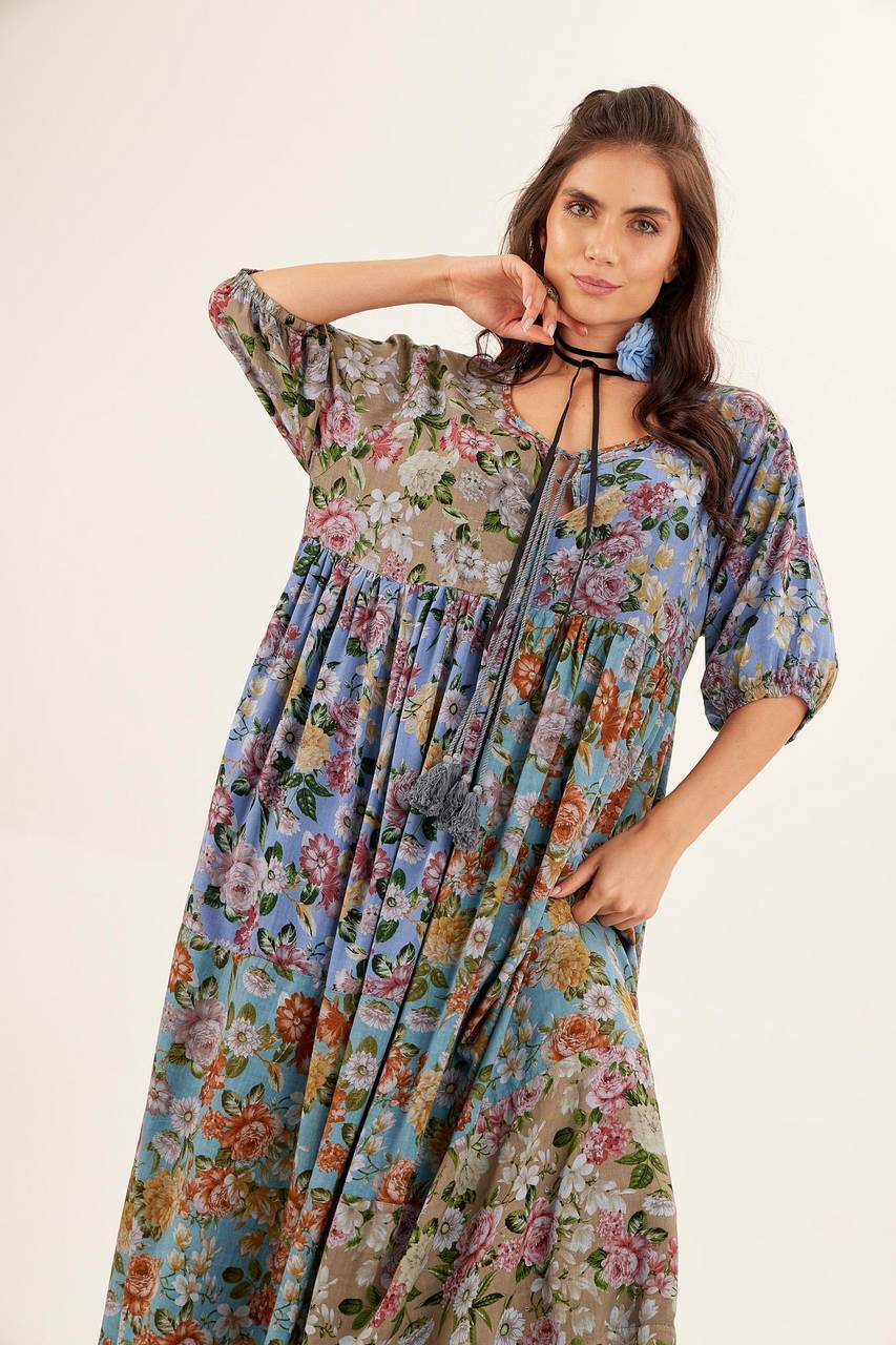 Yacamim Blue Patchwork 3/4 Sleeve Midi Dress