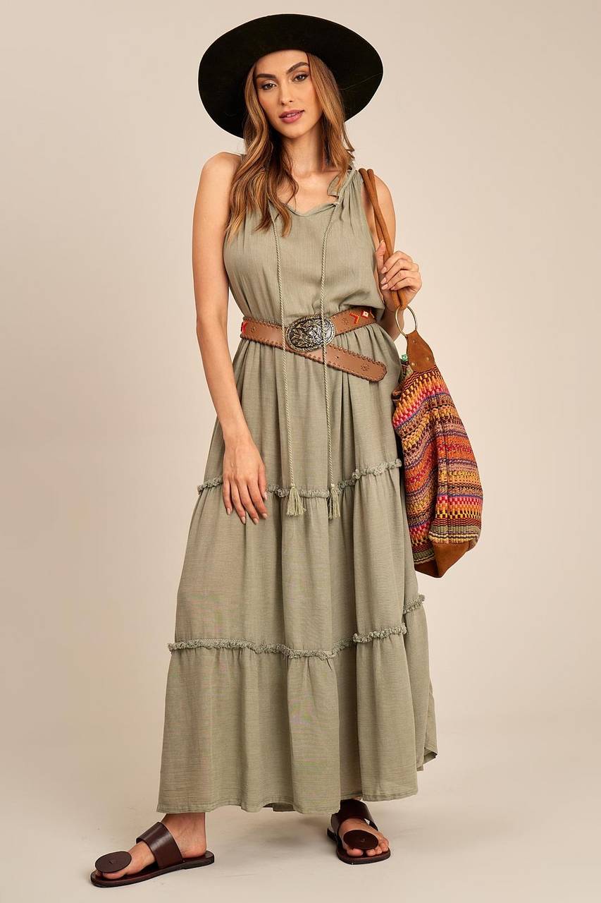 Yacamim Faded Green Ruffled Sleeveless Maxi Dress