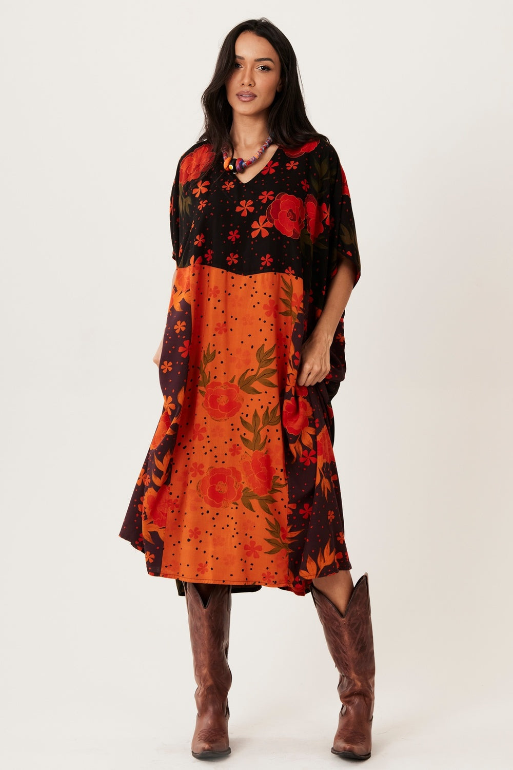 Black and Red Patchwork Kaftan Midi Yacamim J3