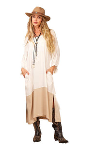 Yacamim Off-White Paneled Midi Dress with Slits