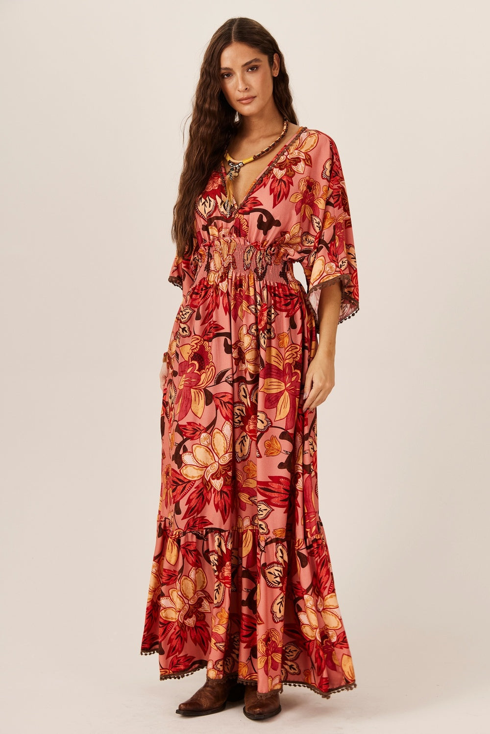 Yacamim D7 Pink Printed Long Dress with Smocked Waist