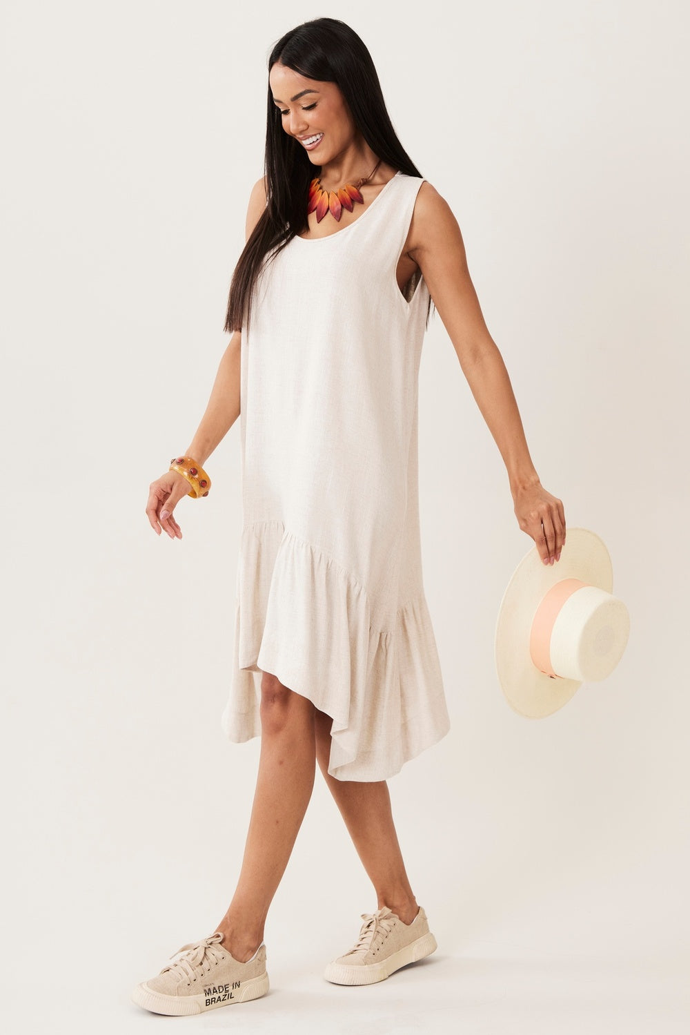 Yacamim Beige Viscose Linen Tank Dress with Side Points C4