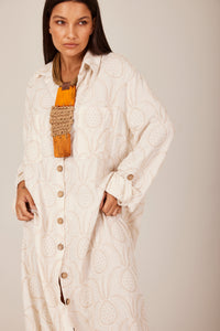 Yacamim N9 Beige Printed Loose Linen Long Shirt