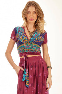 Purple Cashmere Print Wrap Cropped Top with Short Sleeves Yacamim