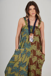 Long Palazzo Jumpsuit Green Coconut Tree Print Patchwork Yacamim O7