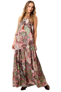 Yacamim C28 Rose Floral Print Long Dress with Adjustable Straps and Ruffles