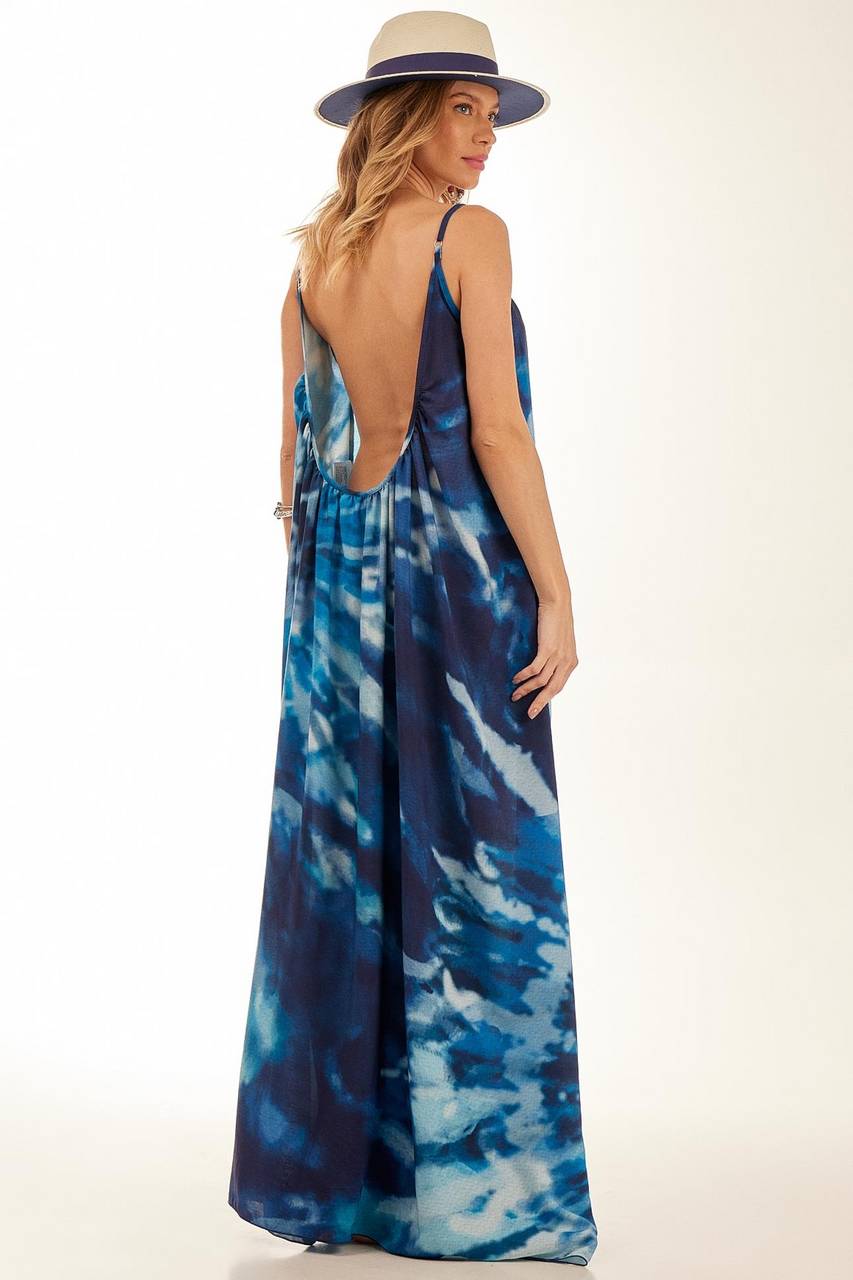 Yacamim Blue Digital Print Tie-Dye Long Dress