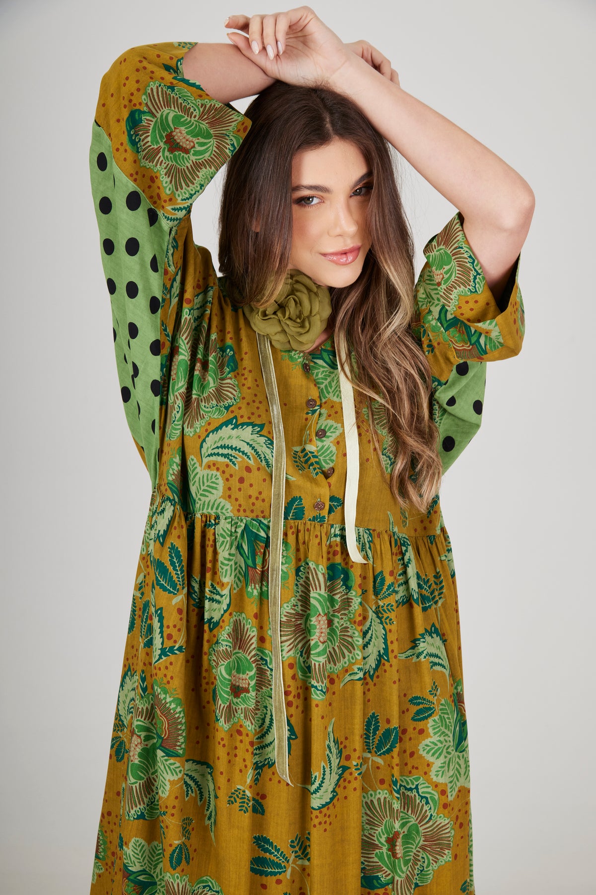Yacamim E7 Green Patchwork Print Loose Midi Dress