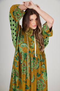 Yacamim E7 Green Patchwork Print Loose Midi Dress