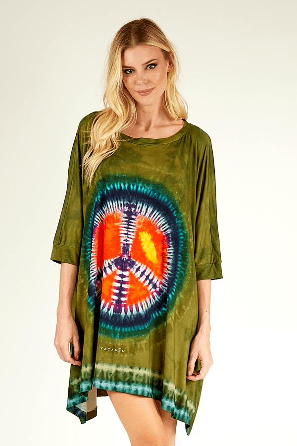 Yacamim Women's Digital Tie-Dye Green Peace and Love Tunic Top