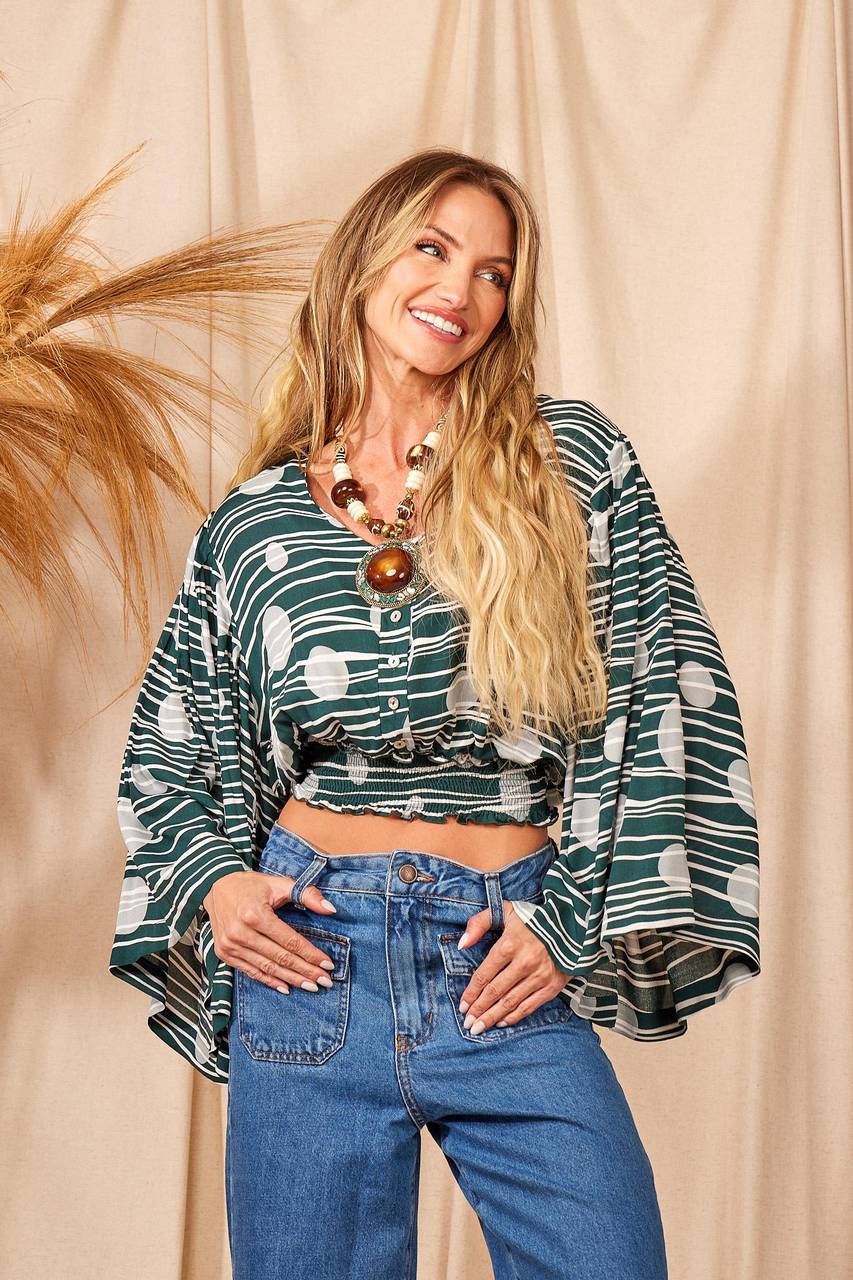 Yacamim Green Printed Cropped Smocked Blouse