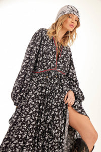 Yacamim Black Printed Long Dress with Puffy Sleeves and Destiny Ribbon Detail