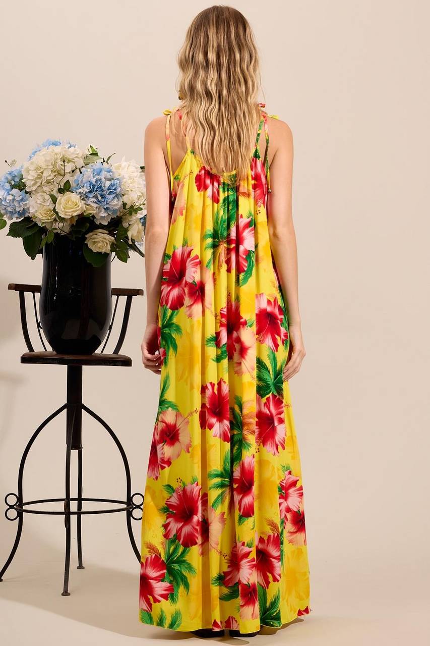 Yacamim E11 Yellow Printed Long Dress with Tie Straps