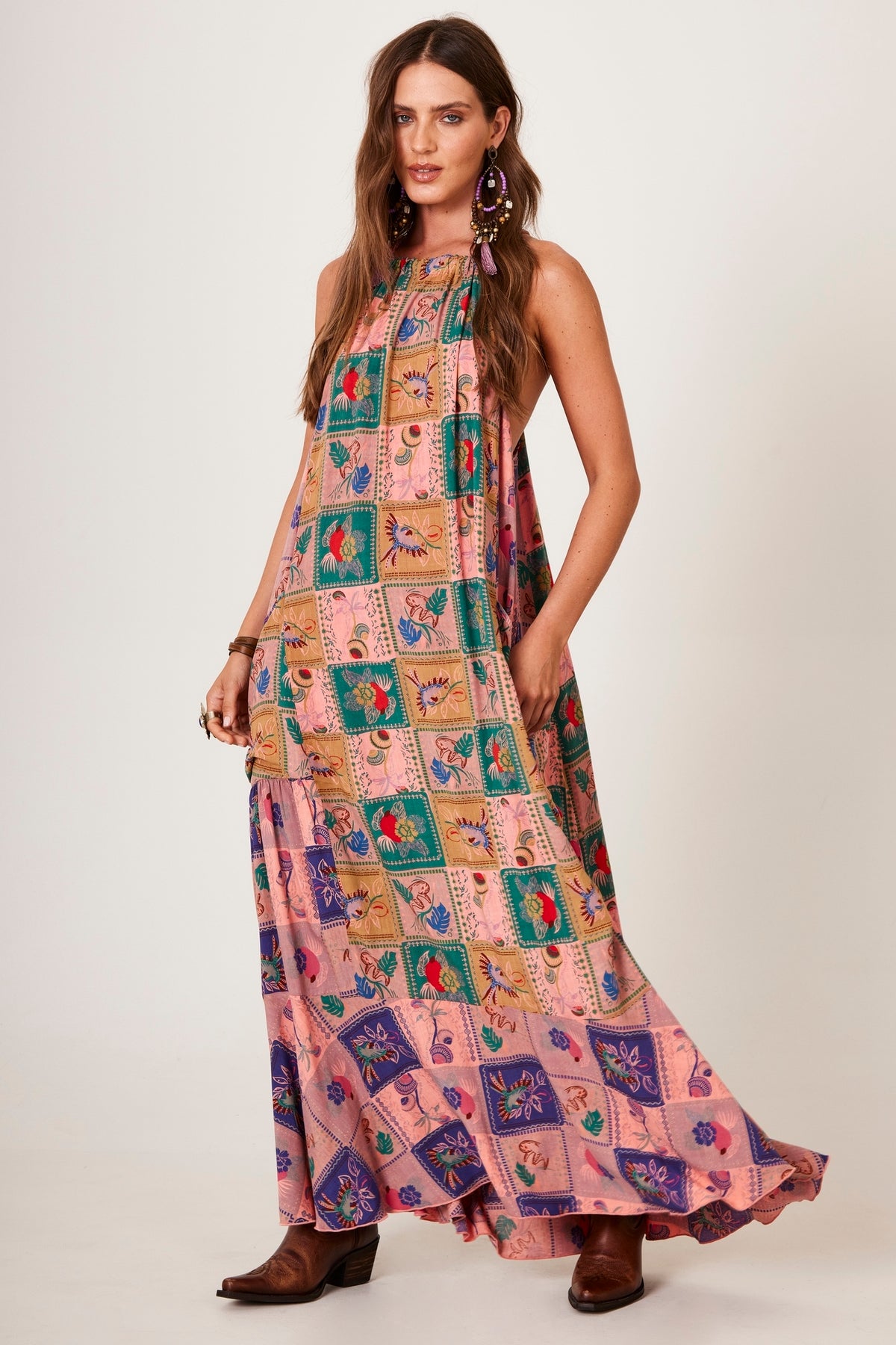 Yacamim Pink Wide Long Dress with Geometric Print E6