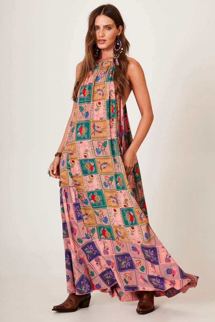 Yacamim Pink Wide Long Dress with Geometric Print E6