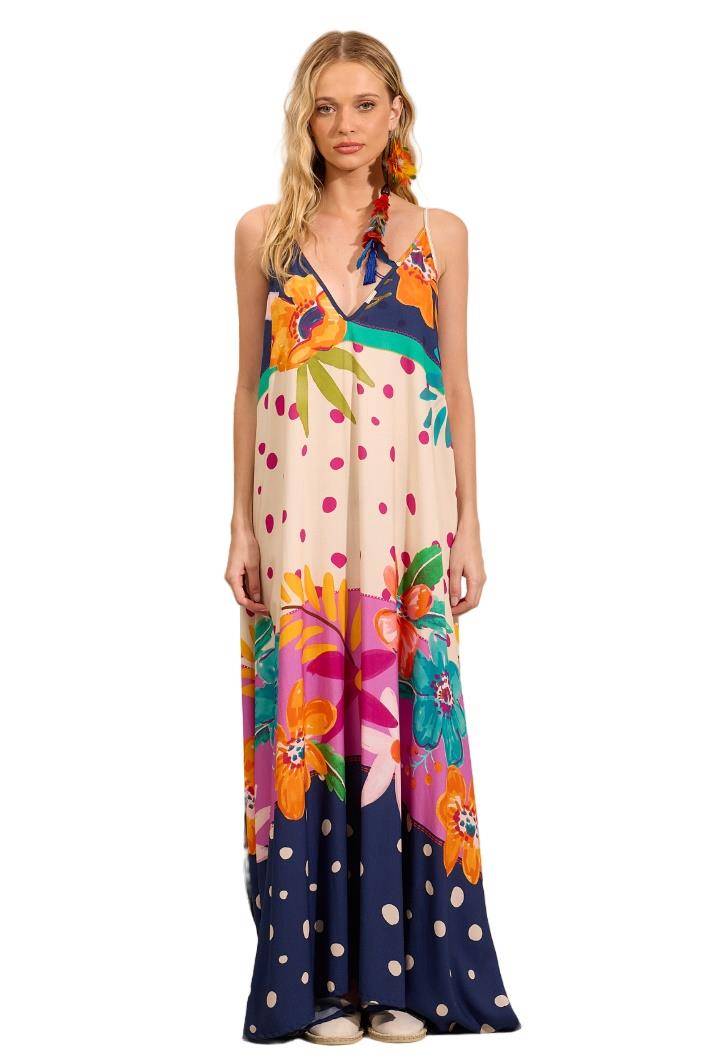 Women's Long Dress with Adjustable Straps, Blue Polka Dot Print, Yacamim C23