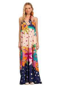Women's Long Dress with Adjustable Straps, Blue Polka Dot Print, Yacamim C23