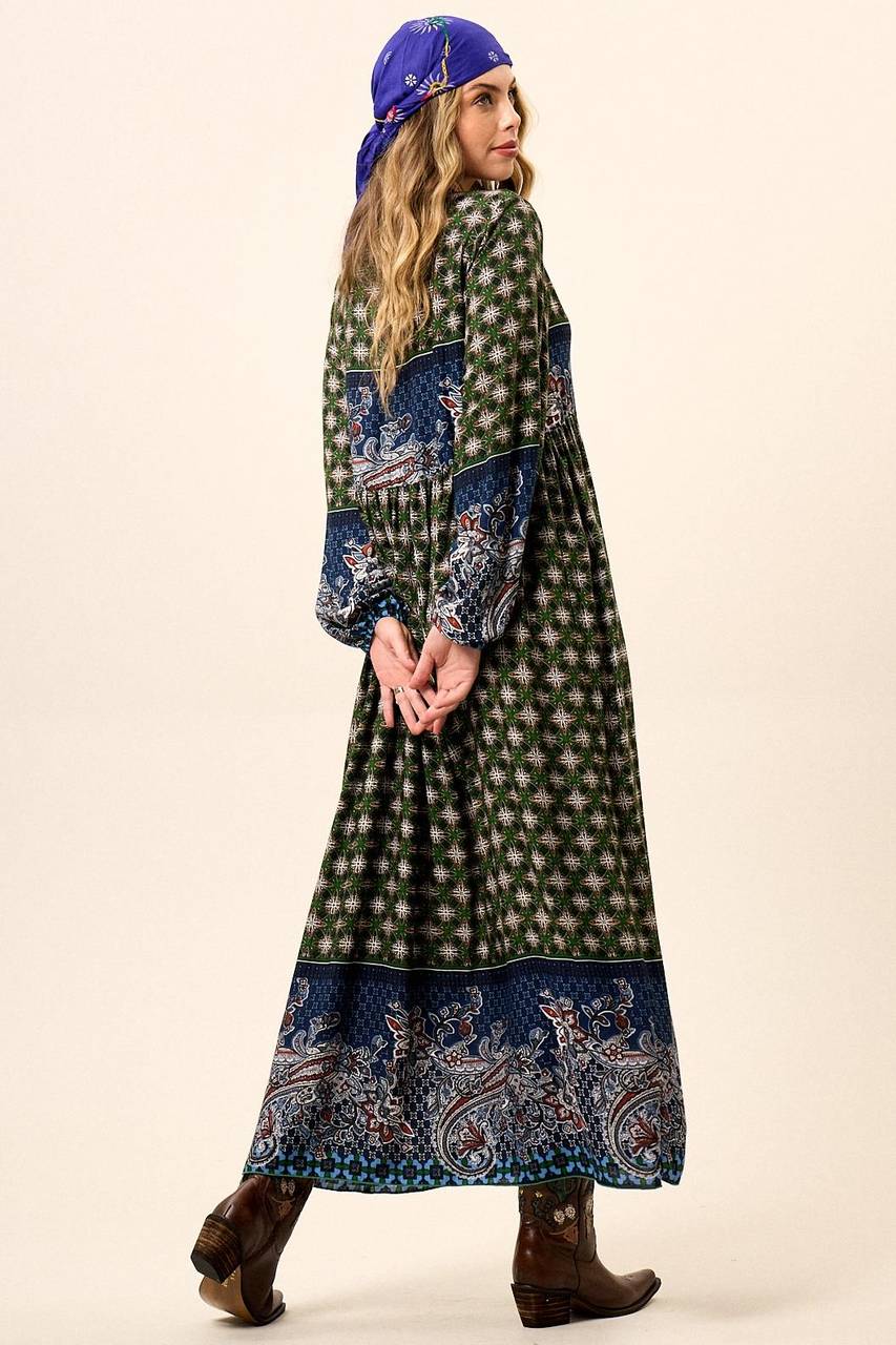 Yacamim Women's Green Patchwork Paisley Print Long Dress with Puffy Sleeves