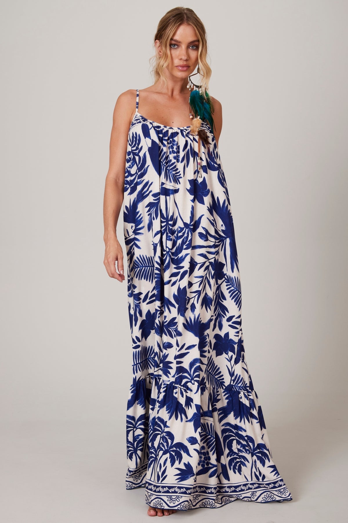 White and Blue Strappy Long Dress Pira Omomba’e Yacamim C31 Collection