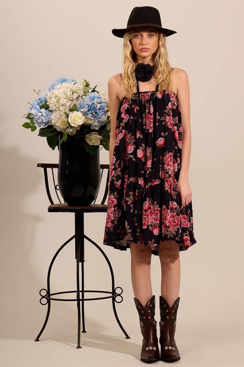 Yacamim E2 Black Printed Loose Short Dress with Straps