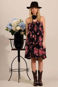 Yacamim E2 Black Printed Loose Short Dress with Straps