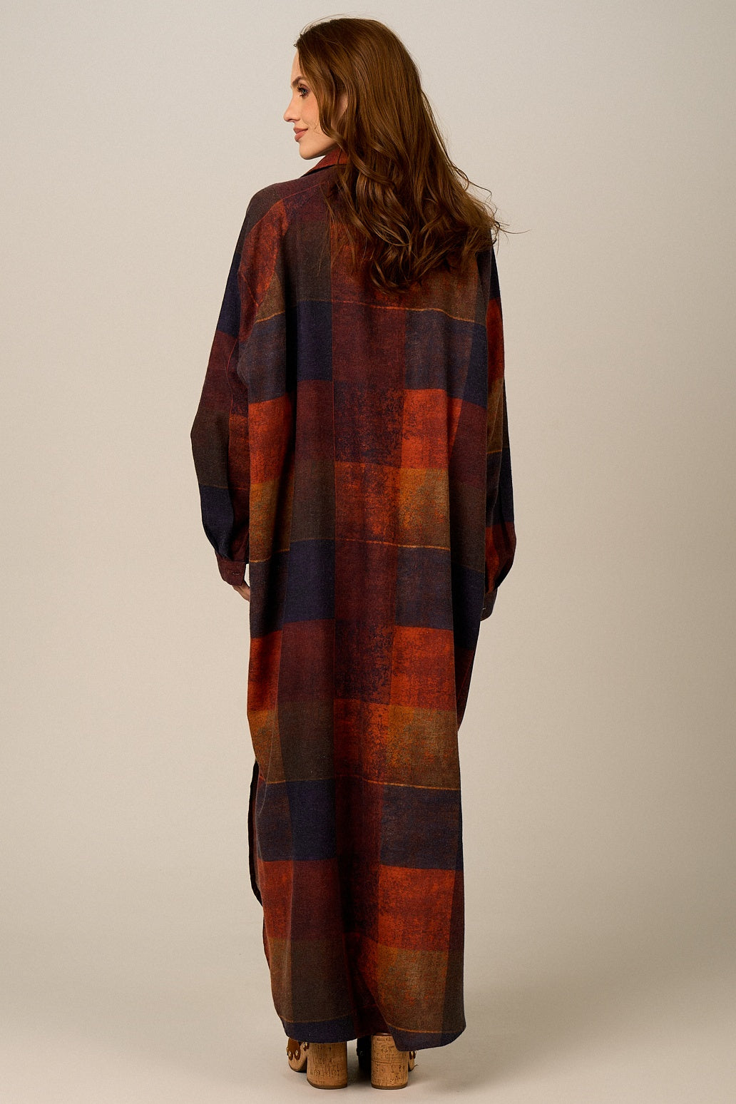 Yacamim N6 Terracotta Plaid Cotton Long Chemise