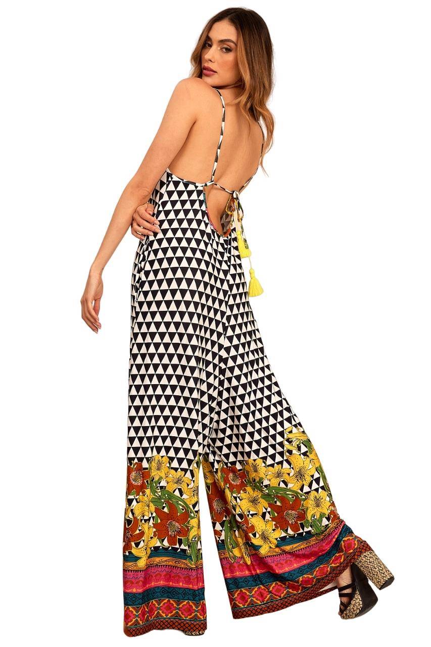 Yacamim Geometric Print Black and White Wide-Leg Jumpsuit with Pockets