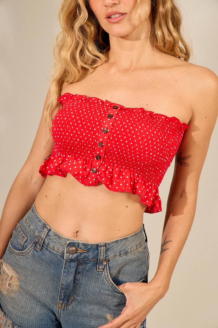 Yacamim Red Polka Dot Shirred Cropped Top I10