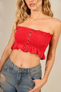 Yacamim Red Polka Dot Shirred Cropped Top I10