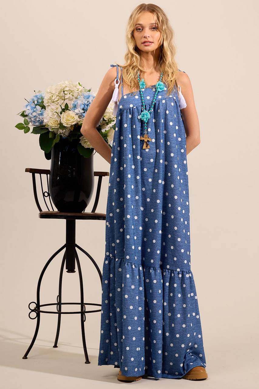 Yacamim Asymmetrical Cut Long Dress with Adjustable Straps and Blue Polka Dot Print