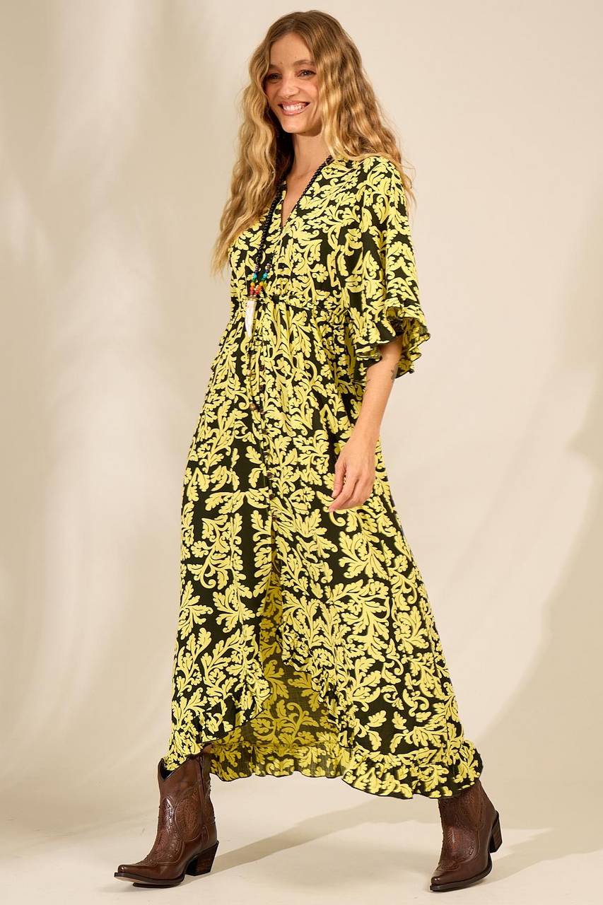 Yacamim C1 Printed Green Long Dress With 3/4 Wide Sleeves