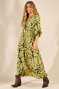 Yacamim C1 Printed Green Long Dress With 3/4 Wide Sleeves