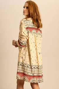 Relaxed Fit Long-Sleeve Tunic Shirt in Printed Beige Yacamim