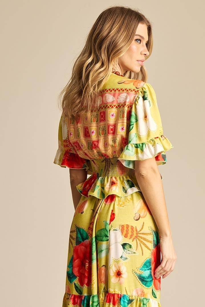 Yacamim A8 Cropped Top with Front Tie and Smocking, Yellow Print