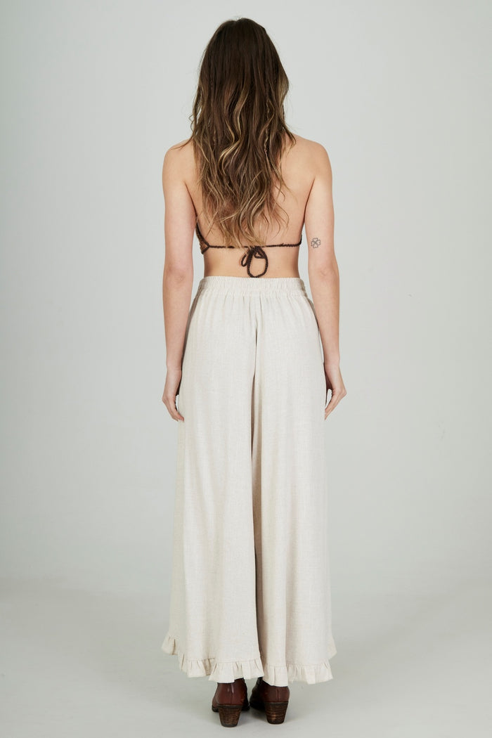 Yacamim G1 Beige Viscose-Linen Pants with Tiered Ruffles