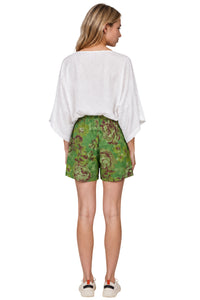 Shorts De Chita Com Flores Bordadas Verde Estampado Yacamim T10