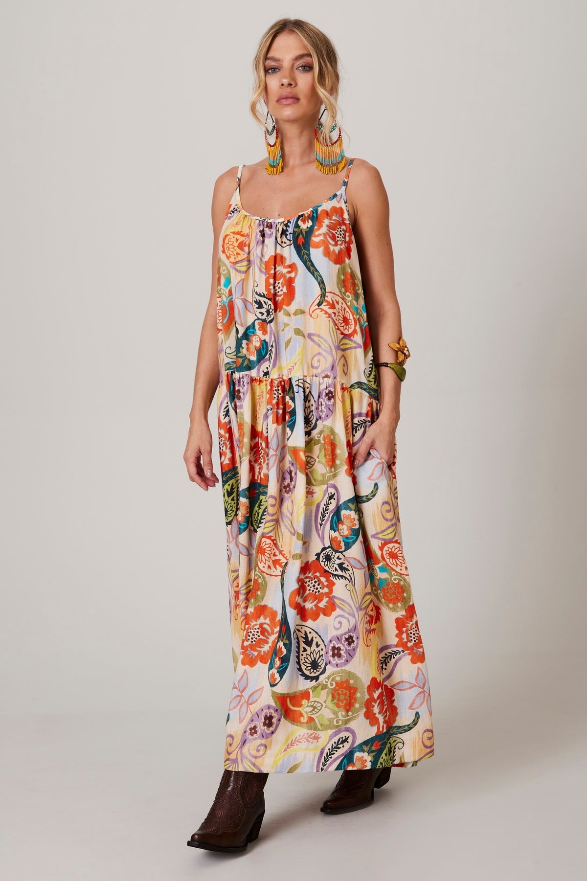 Yacamim E8 Beige Wide Linen Midi Dress with Cashmere Print