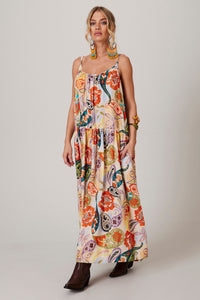 Yacamim E8 Beige Wide Linen Midi Dress with Cashmere Print