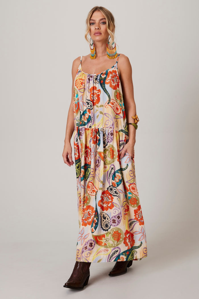 Yacamim E8 Beige Wide Linen Midi Dress with Cashmere Print