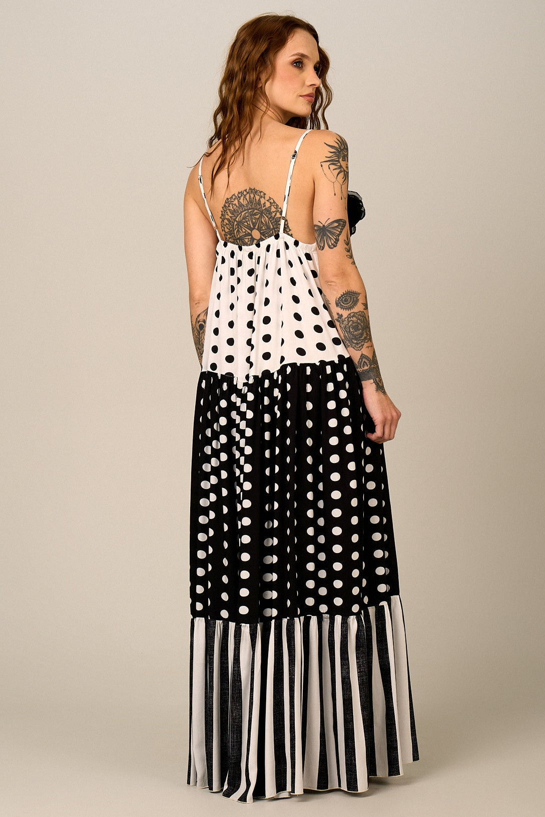 Yacamim D20 Black and White Polka Dot Long Dress with Adjustable Straps