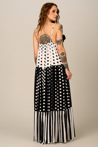 Yacamim D20 Black and White Polka Dot Long Dress with Adjustable Straps